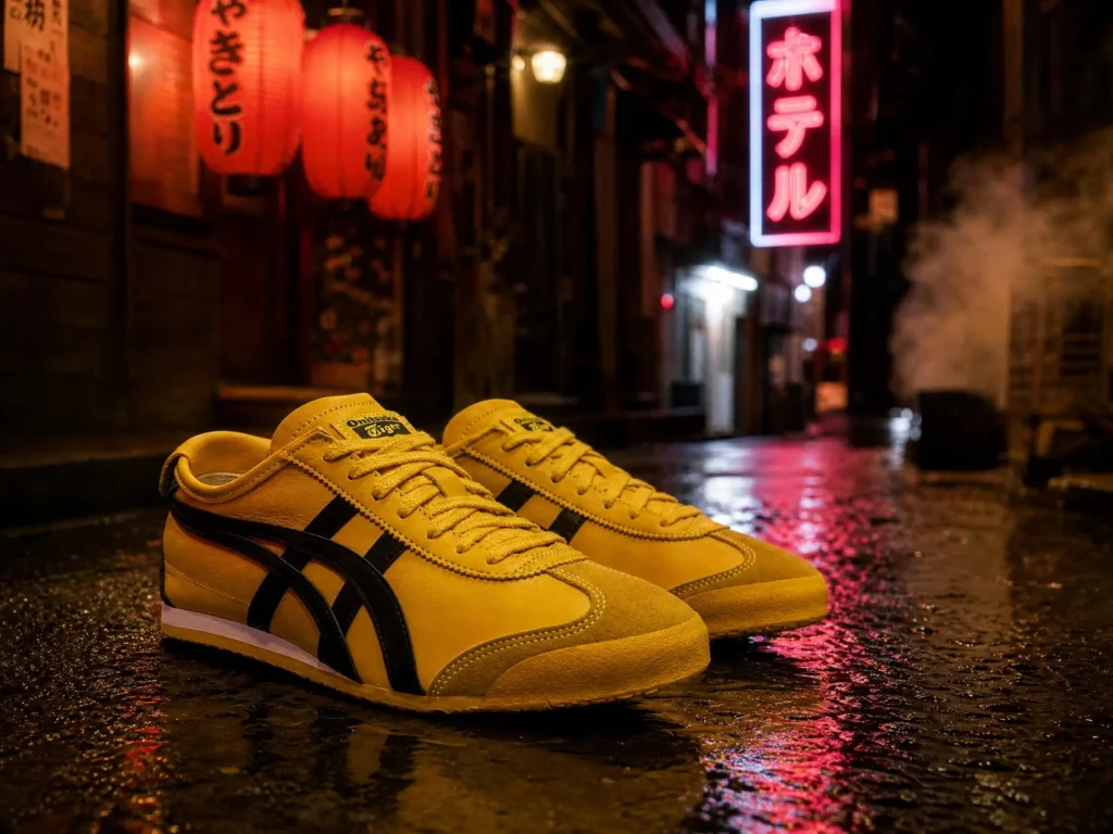 A pair of yellow Onitsuka Tiger sneakers sits on a rain-soaked street in a neon-lit Japanese alley at night. The shoes feature black signature side stripes and are positioned in the foreground, while glowing red paper lanterns, a bright pink hotel sign, and drifting steam create a cinematic urban backdrop. Reflections shimmer across the wet pavement, emphasizing the contrast between the vibrant footwear and the moody nightlife atmosphere