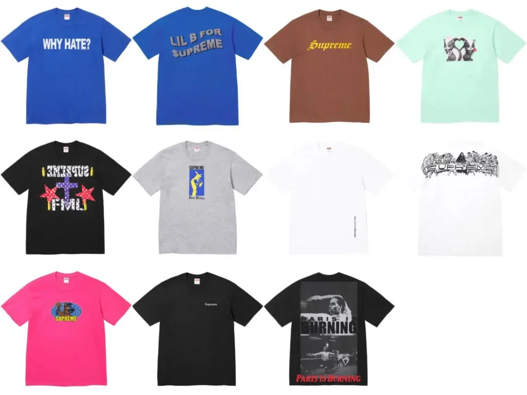 A grid of Supreme graphic T-shirts from a seasonal release, featuring bold typography, illustrated artwork, logo treatments, photographic prints, and vibrant colorways including blue, brown, mint green, black, white, gray, and bright pink, displayed against a clean white background