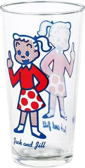 Clear drinking glass decorated with the Osamu Goods "Jack and Jill" female character wearing a red sweater and polka-dot skirt, printed in blue, red, and pink with a translucent mirrored figure on the reverse side