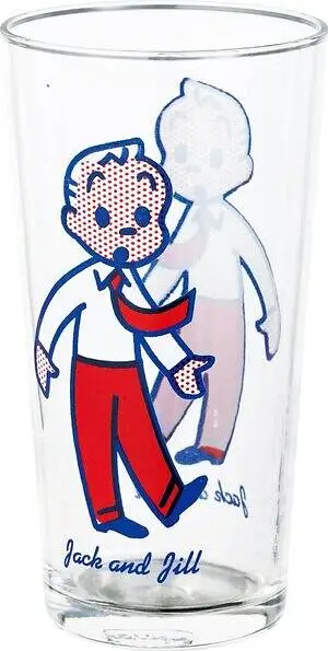 Clear drinking glass featuring the Osamu Goods "Jack and Jill" male character in a white shirt, red pants, and red scarf, illustrated with bold blue outlines, halftone detailing, and a faint reverse-side sil