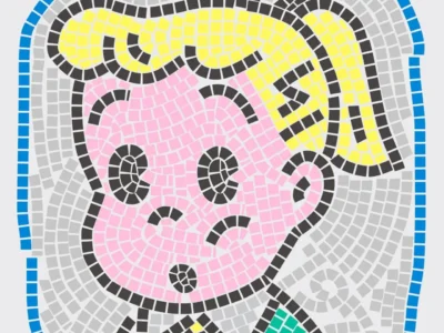 Stylized mosaic artwork of an Osamu Goods girl's face, created from colorful square tiles in pink, yellow, black, blue, green, and gray, recreating the brand's iconic pop-art character with a play geometric aesthetic