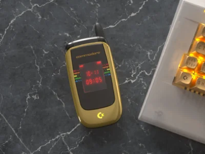 A top-down view captures a gold Commodore flip phone resting on a dark marble surface beside an illuminated mechanical keyboard. The glossy exterior reflects ambient light, while the external LED display and glowing Commodore logo emphasize the premium retro-inspired design