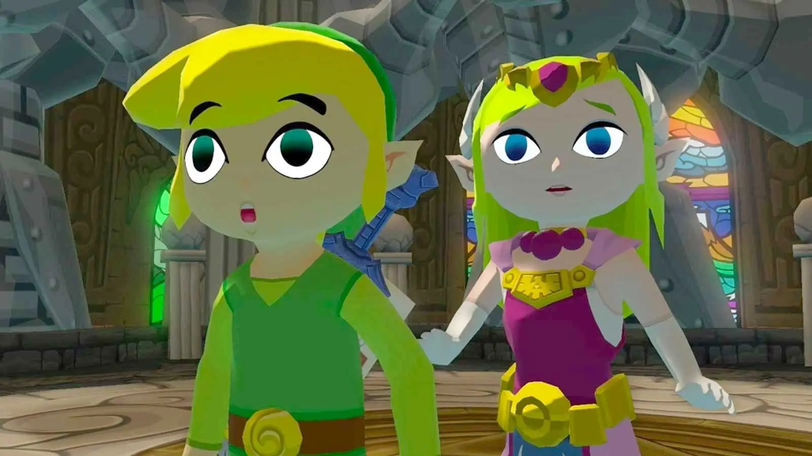 Cartoon-styled Link and Princess Zelda stand inside a grand stone chamber with stained-glass windows and ornate architecture. Link wears his iconic green tunic and carries a sword on his back, while Zelda appears in a pink royal dress with gold accessories. Both characters display surprised expressions in a scene from The Legend of Zelda: The Wind Waker