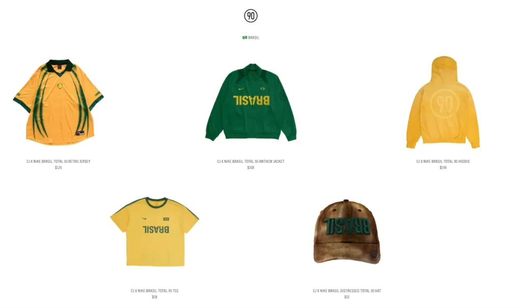 Product lineup from the Cactus Jack x Nike Brazil Total 90 capsule featuring a yellow-and-green retro football jersey, green anthem jacket with inverted “BRASIL” lettering, yellow hoodie with tonal Total 90 graphic, matching yellow T-shirt, and distressed brown cap embroidered with “BRASIL.”