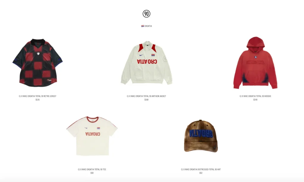 Total 90 capsule by Cactus Jack and Nike featuring a red-and-black checkerboard football jersey, white anthem jacket with red accents, red hoodie with dark gradient detailing, cream training T-shirt, and a distressed brown cap embroidered with blue “CROATIA” letter