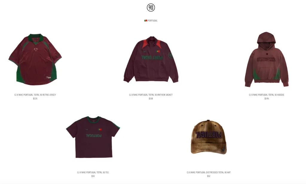 Portugal-inspired Cactus Jack x Nike Total 90 collection featuring a burgundy and green football jersey, burgundy anthem jacket with green “PORTUGAL” lettering, matching hoodie, burgundy training T-shirt, and a distressed brown cap embroidered with purple “PORTUGAL” text