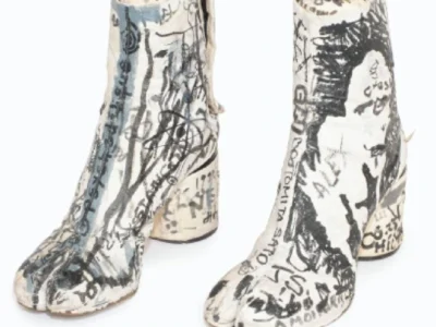 Paint-splattered split-toe boots covered in hand-drawn sketches, handwritten notes, and graphic doodles, displayed as archival footwear prototypes against a white background