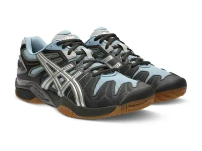 ASICS GEL-Resolution tennis shoes in black, light blue, silver, and grey shown from a front three-quarter angle with gum rubber outsoles against a white background