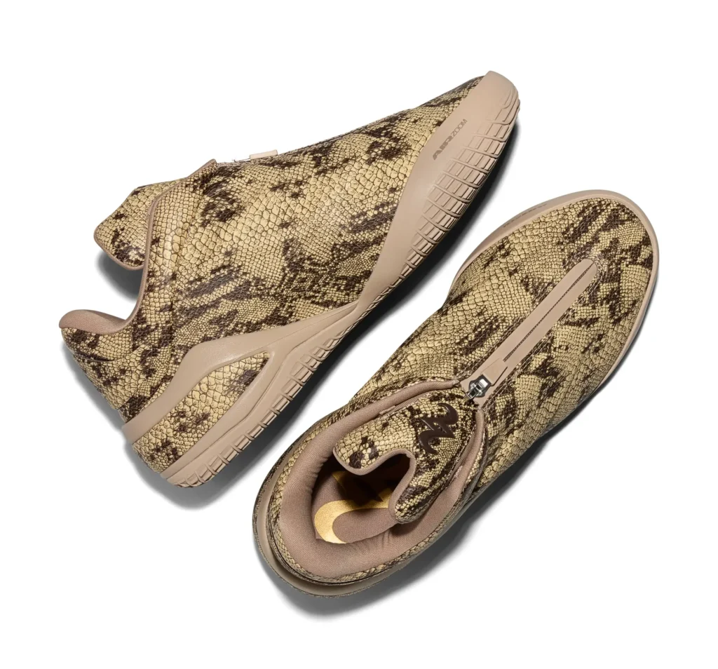 Top and lateral product view of the Converse SHAI 001 in the Slither colorway on a white background. The shoe showcases a full snakeskin-print upper, concealed zipper closure, padded collar, sculpted beige sole, and Shai Gilgeous-Alexander branding at the heel