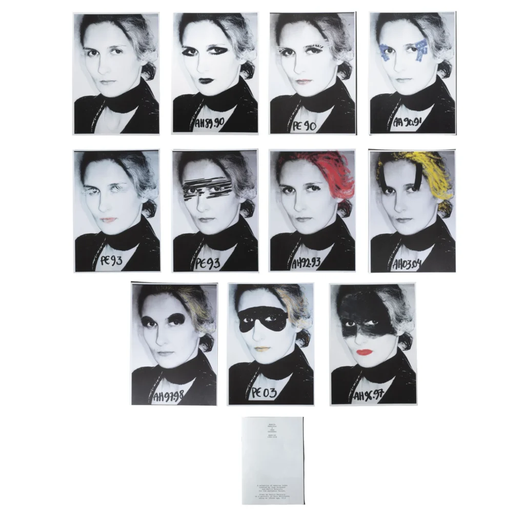 Grid of archival portrait photographs documenting experimental makeup looks, each image hand-altered with painted graphics, bold color accents, and handwritten collection reference