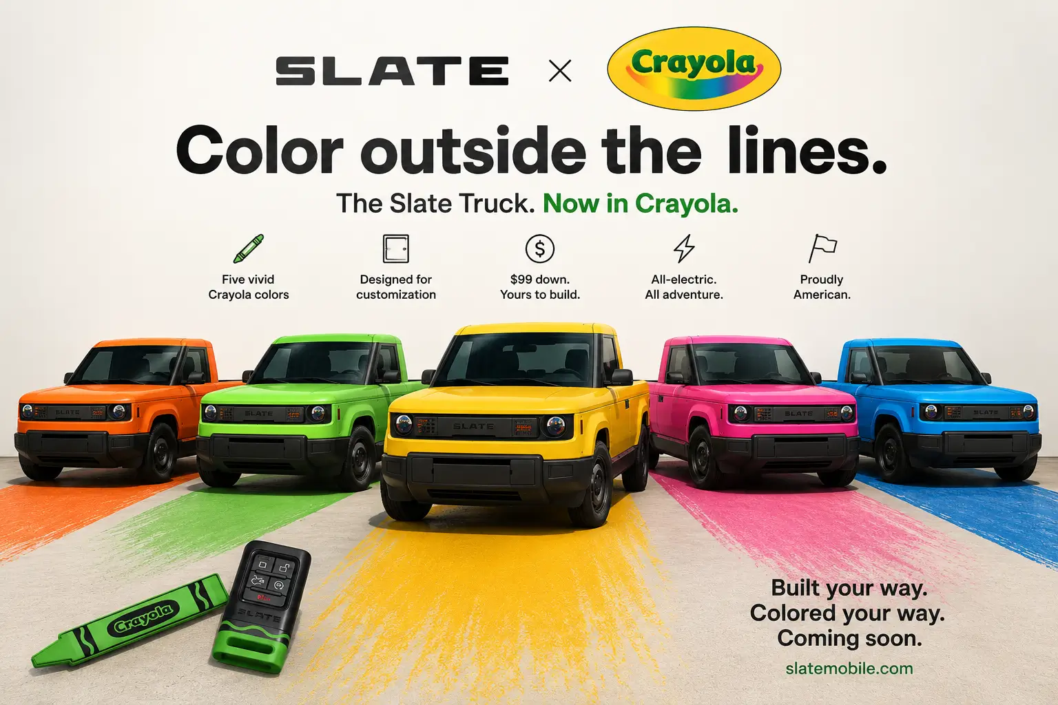 Promotional graphic for the Slate × Crayola collaboration featuring five Slate electric pickup trucks in orange, green, yellow, pink, and blue Crayola-inspired wraps, with Crayola-themed accessories and branding.
