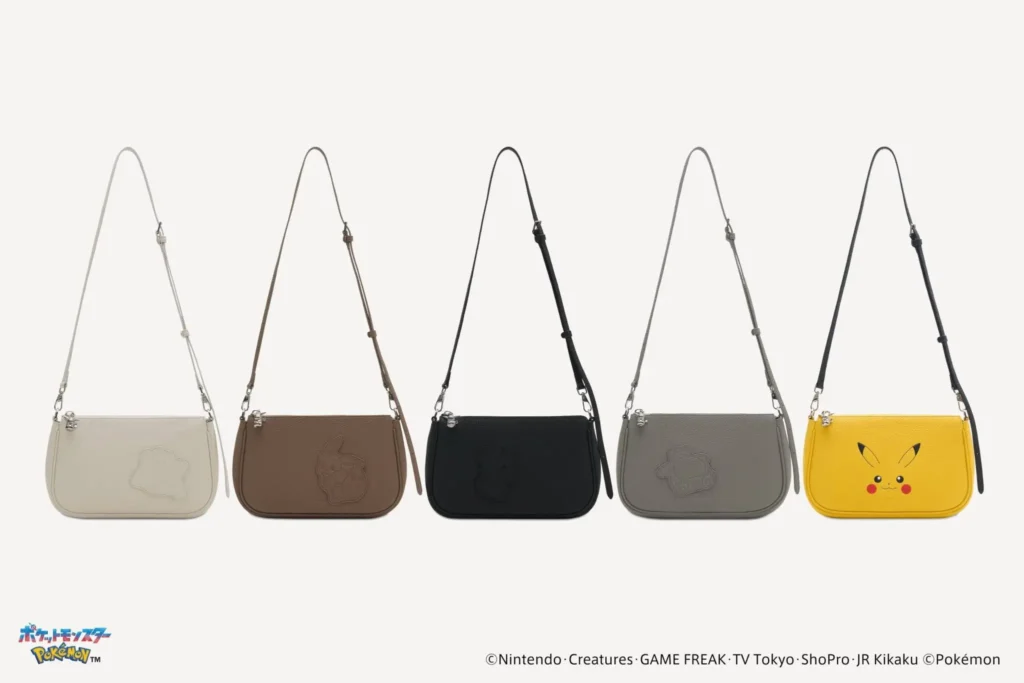 Five leather shoulder bags displayed in a row, featuring minimalist Pokémon-inspired designs in cream, brown, black, gray, and bright yellow, with embossed or printed artwork of Ditto, Eevee, Pikachu, and other Pokémon
