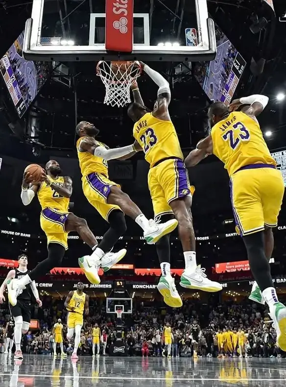 Composite action image of LeBron James in a Los Angeles Lakers uniform showcasing multiple phases of a powerful dunk, highlighting his athleticism and signature finishing ability.