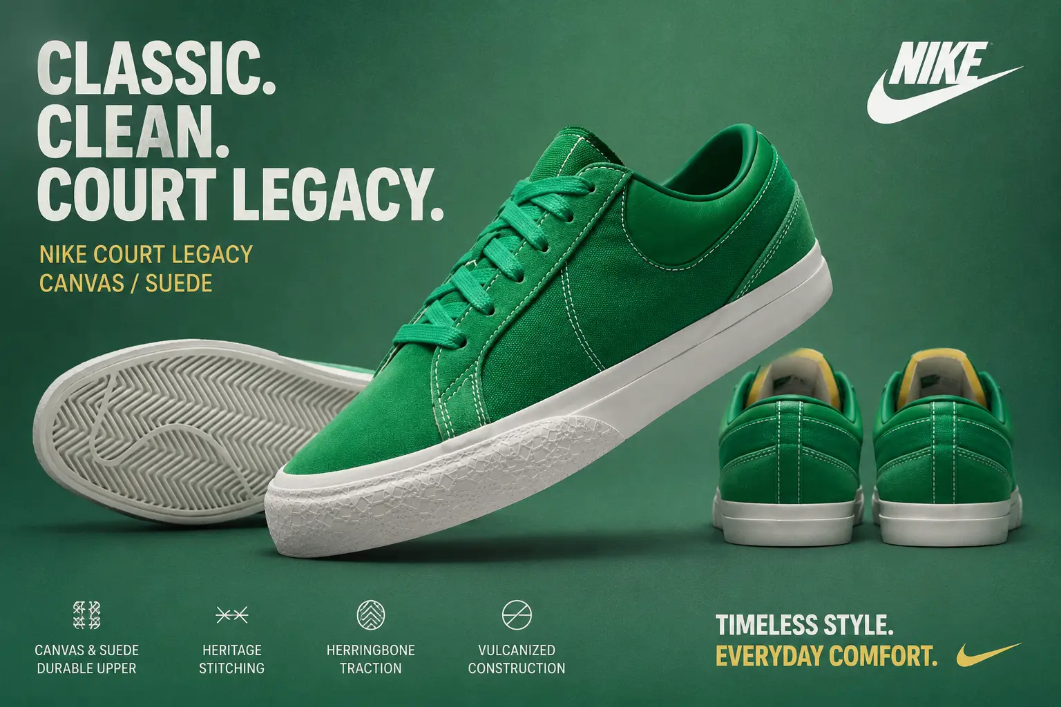 Promotional graphic for the Nike Court Legacy in vibrant green, featuring multiple product angles, a floating hero sneaker, herringbone outsole detail, heritage-inspired typography, and premium canvas and suede construction.