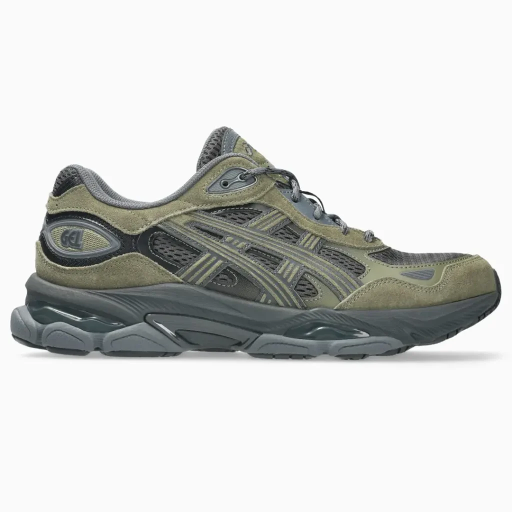 ASICS GEL-NYC shoe in olive green and dark gray, shown in a lateral side profile with suede overlays, breathable mesh panels, layered branding, and a sculpted cushion sole