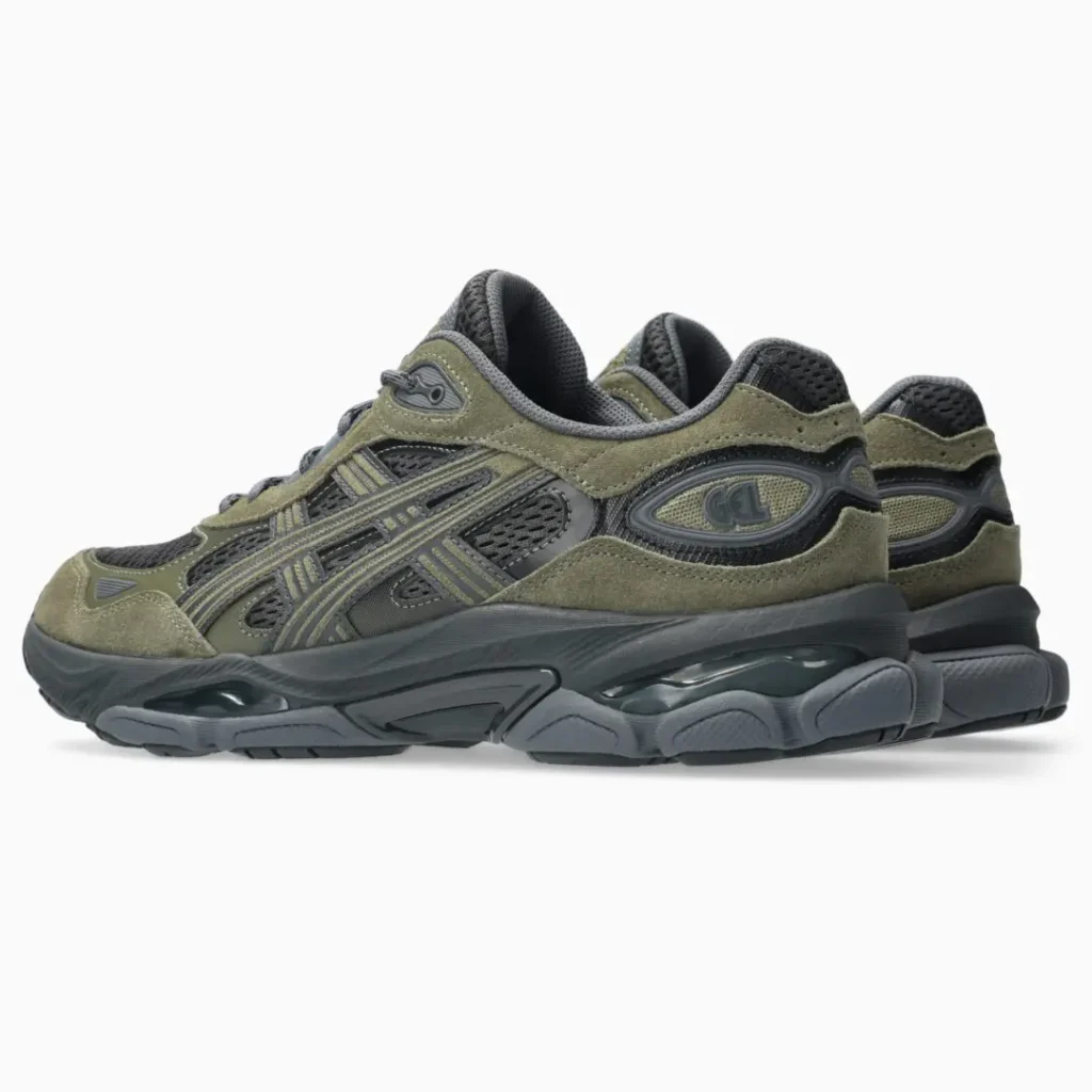 Pair of ASICS GEL-NYC shoes shown from a rear three-quarter angle, featuring olive suede panels, dark mesh, GEL heel branding, and chunky gray cushion