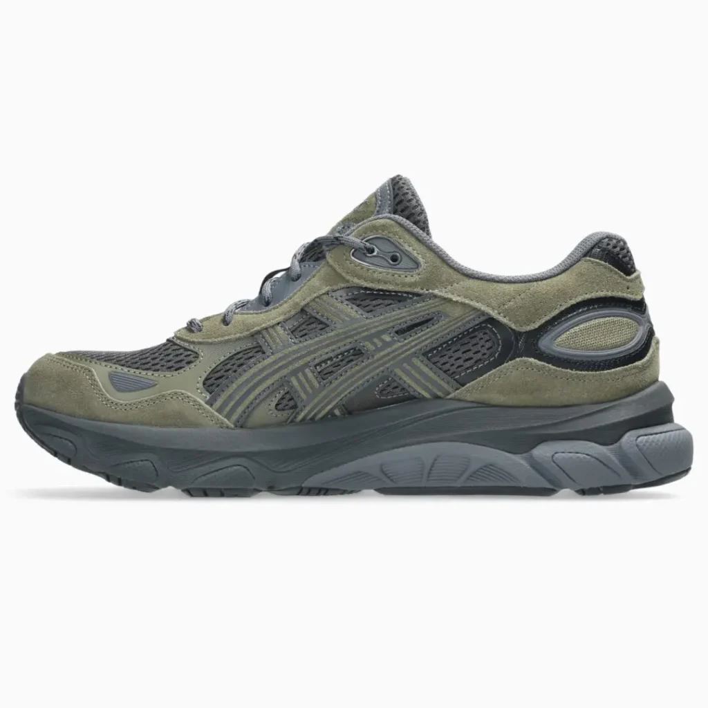 ASICS GEL-NYC shoe in olive green and dark gray, shown in a medial side profile with layered suede and mesh construction and a sculpted sole