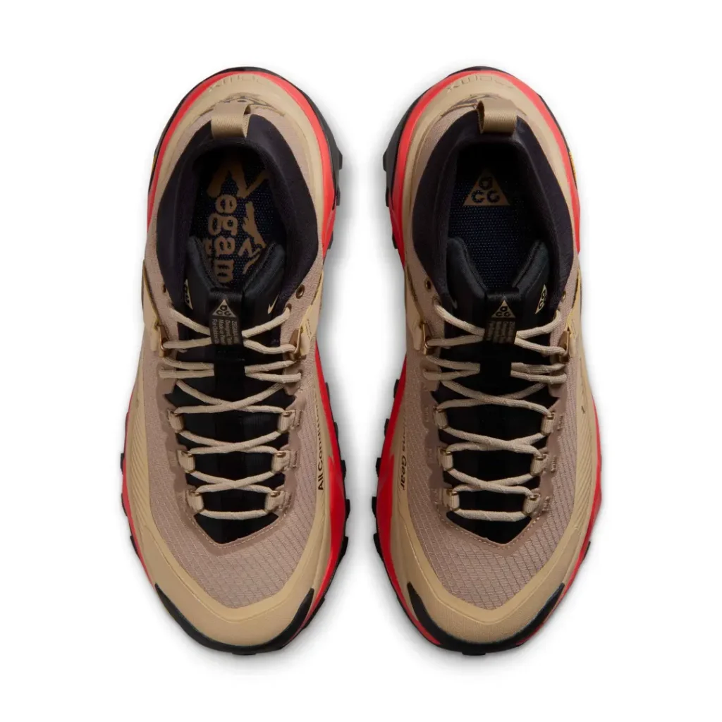 Top-down view of the Nike ACG Zegama Hike pair showcasing the padded collar, speed-lace system, breathable mesh upper, and ACG-branded insole