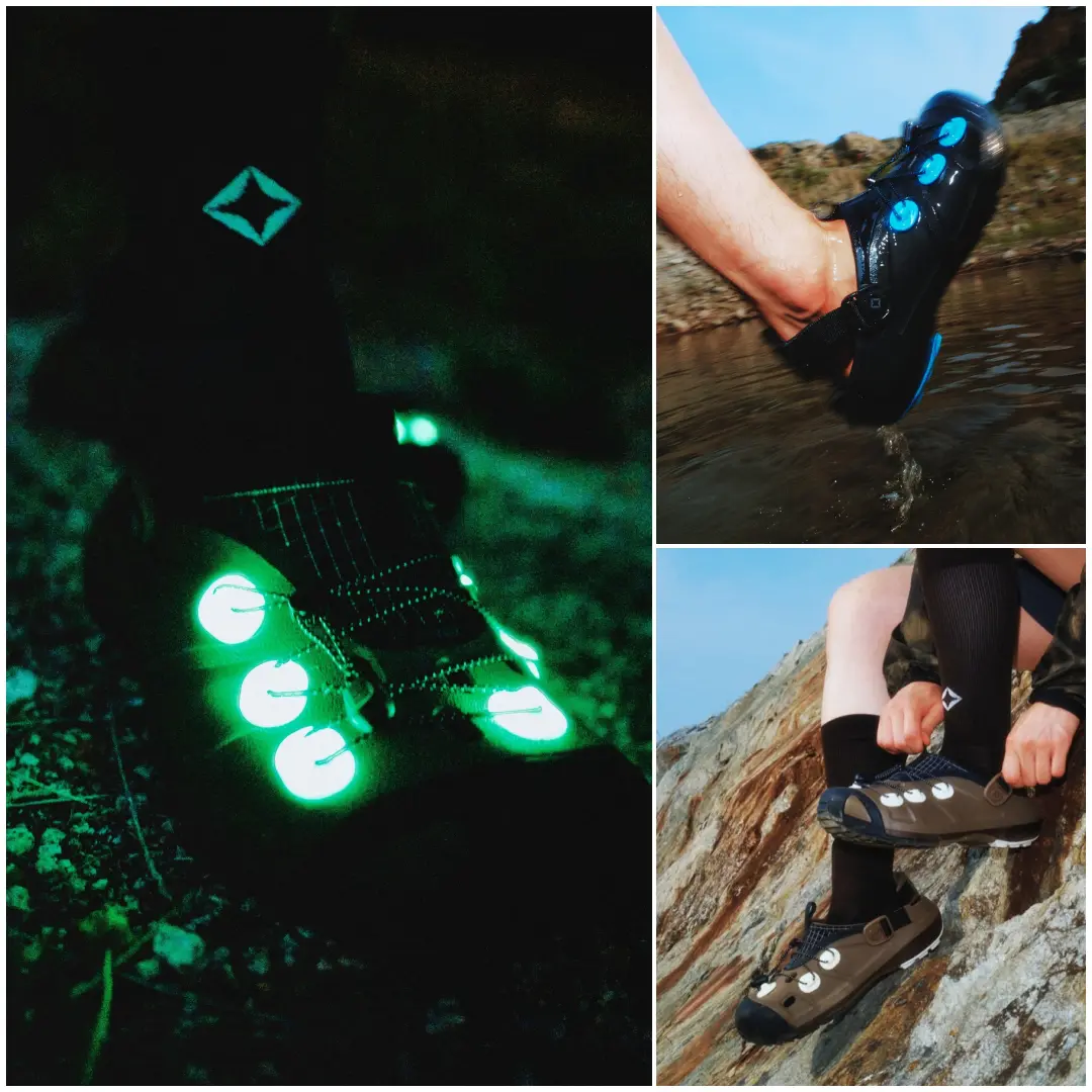 A three-panel campaign collage showcases Helinox Quick Trail clogs in outdoor environments. The largest image captures the glow-in-the-dark lace anchors emitting a vivid green light during a nighttime trail walk, while two smaller panels highlight the black colorway stepping through shallow water and the olive colorway being adjusted on a rocky hillside. Together, the images emphasize the clog's technical outdoor construction, quick-lace system, adjustable heel strap, and day-to-night versatility.