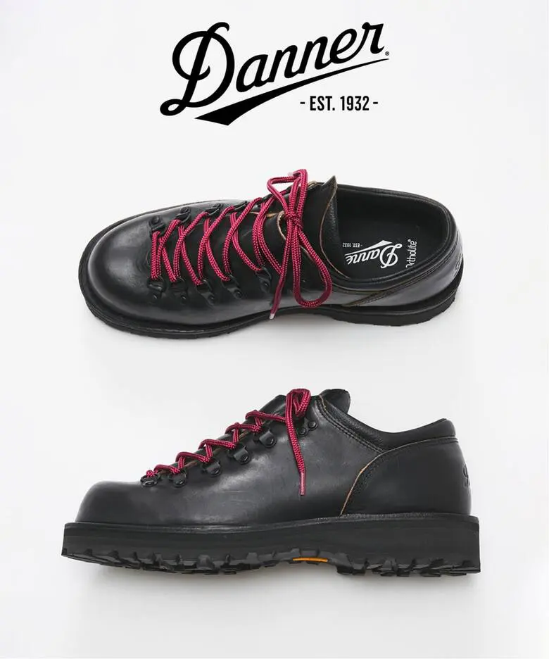 Black leather Danner low-cut hiking shoe with burgundy round laces, shown in top and side profile against a white background beneath the Danner logo.