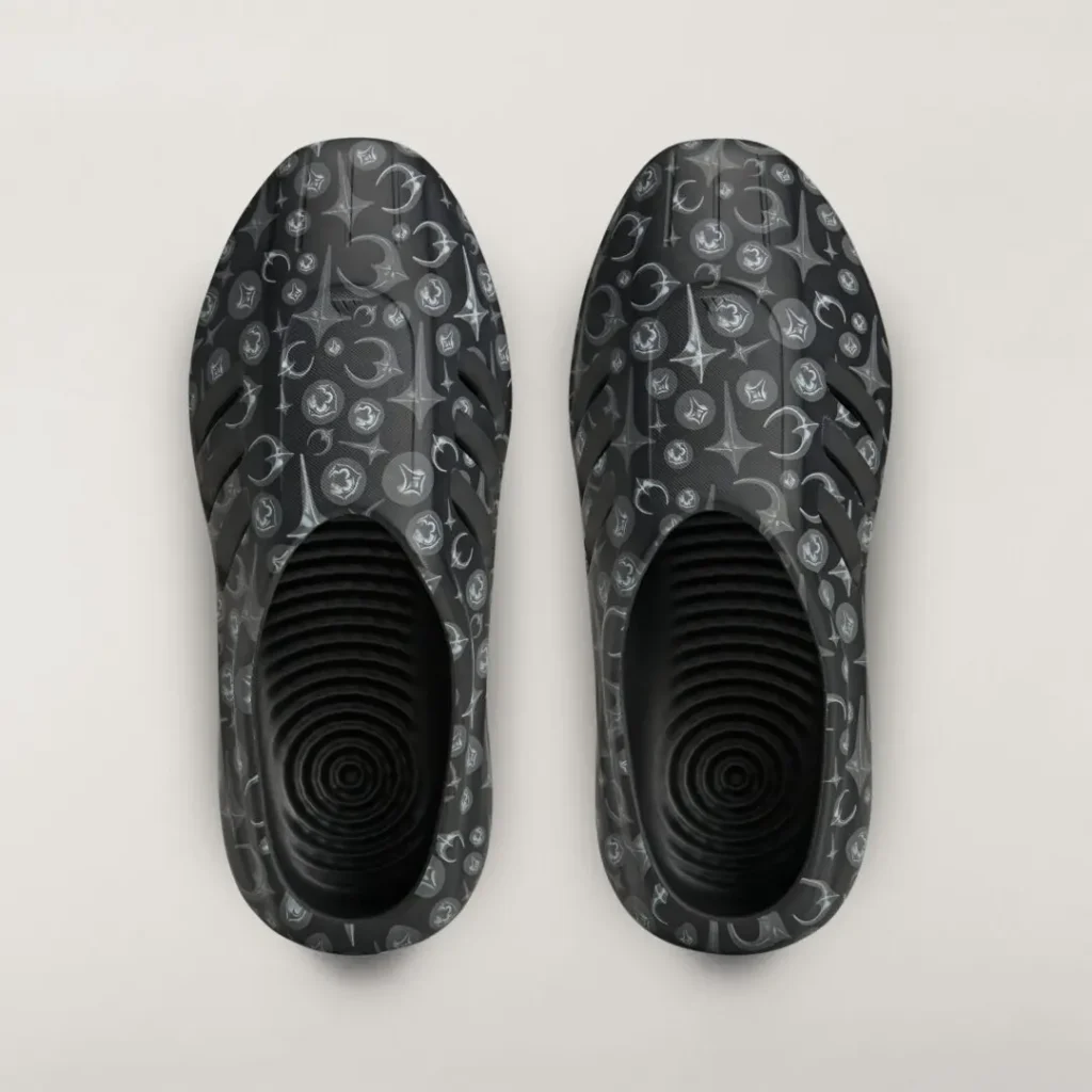Top view of the adidas Originals by Taqwa Bint Ali Adistar Cushion Mule displaying the printed upper and contoured footbed