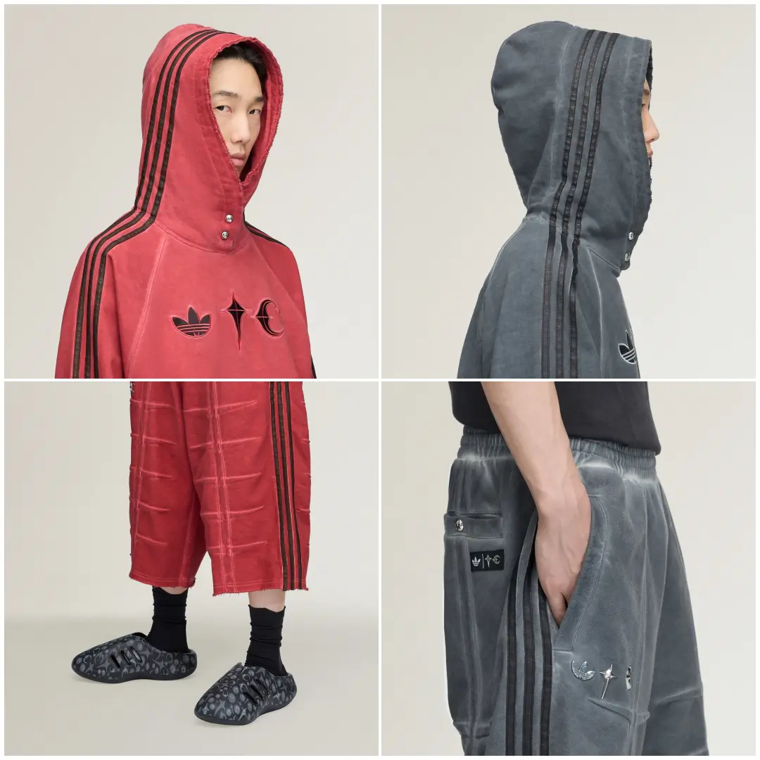 Four-panel lookbook showcasing the adidas Originals by THUG CLUB collection, featuring washed red and charcoal hoodies, sculpted shorts, and co-branded detailing paired with the graphic-print Adistar Cushion Mule.