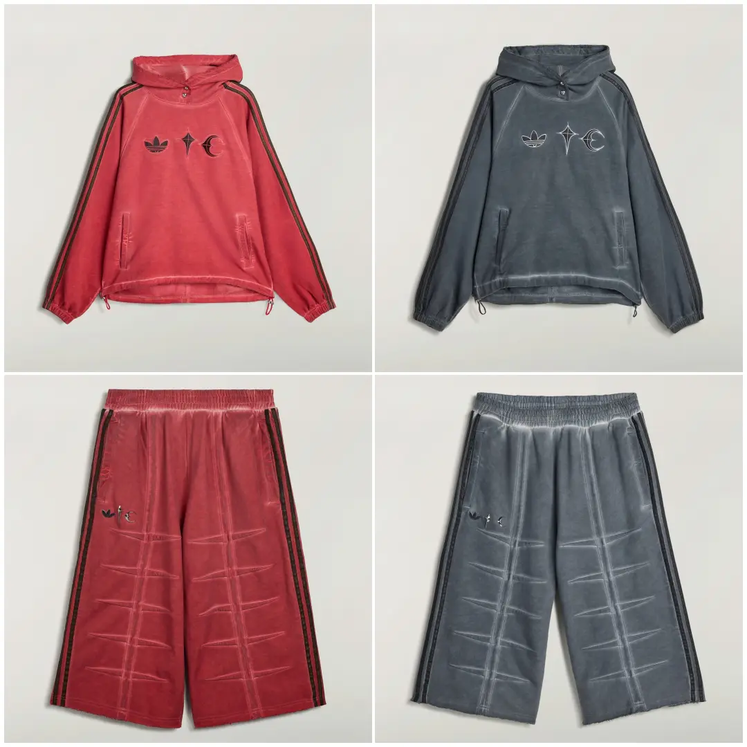 Four-panel product layout displaying the adidas Originals by THUG CLUB collection, featuring washed red and charcoal hoodies alongside matching sculpted shorts with co-branded graphics and signature Three Stripes detailing.