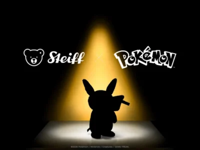 Teaser image for a Steiff × Pokémon collaboration featuring the Steiff and Pokémon logos above a spotlighted silhouette of Pikachu against a black background, hinting at an upcoming collectible plush release