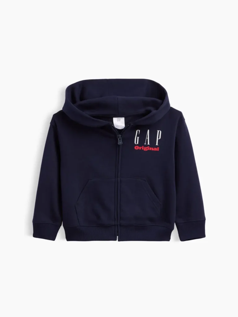 Navy toddler GAP Original full-zip hoodie with a hood, kangaroo pockets, ribbed cuffs and hem, and a white-and-red logo on the left chest