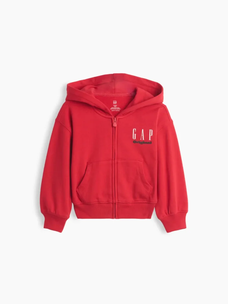 Red toddler GAP Original full-zip hoodie with a hood, kangaroo pockets, ribbed cuffs and hem, and a white-and-black logo on the left chest
