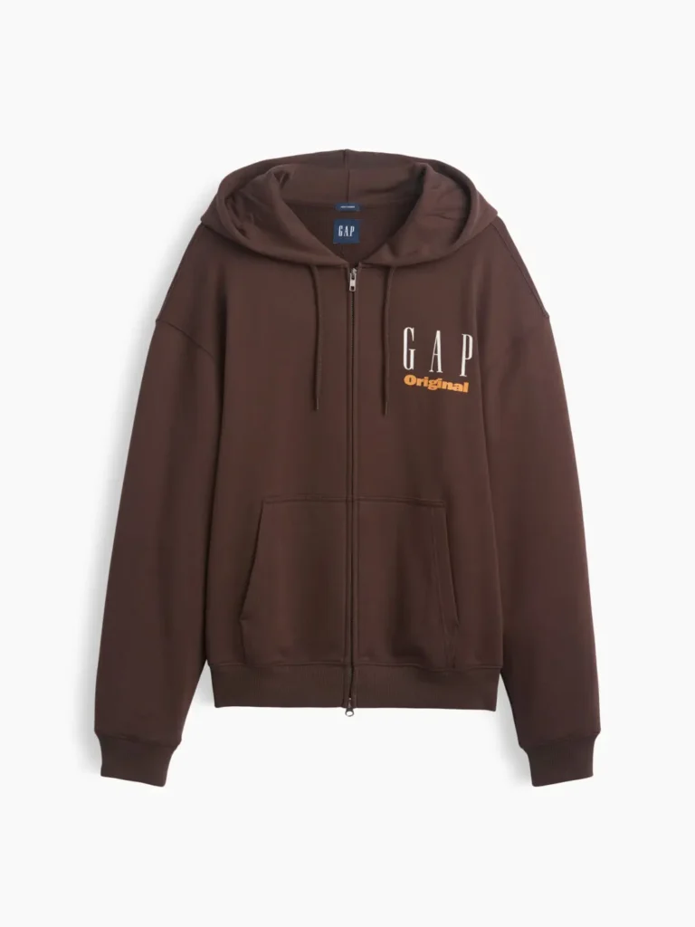 Dark brown full-zip GAP Original hoodie with a relaxed fit, drawstring hood, kangaroo pockets, ribbed cuffs, and a small cream and mustard logo on the left chest