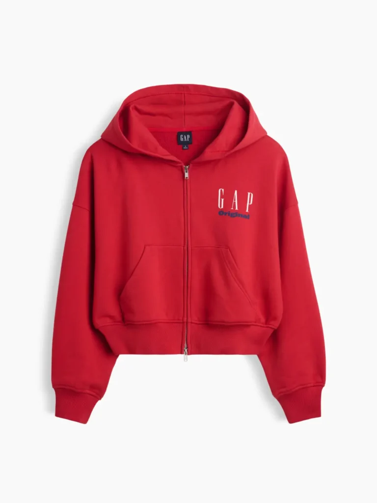 Bright red cropped GAP Original zip-up hoodie with a relaxed silhouette, drawstring hood, kangaroo pockets, ribbed trim, and a white-and-navy chest logo