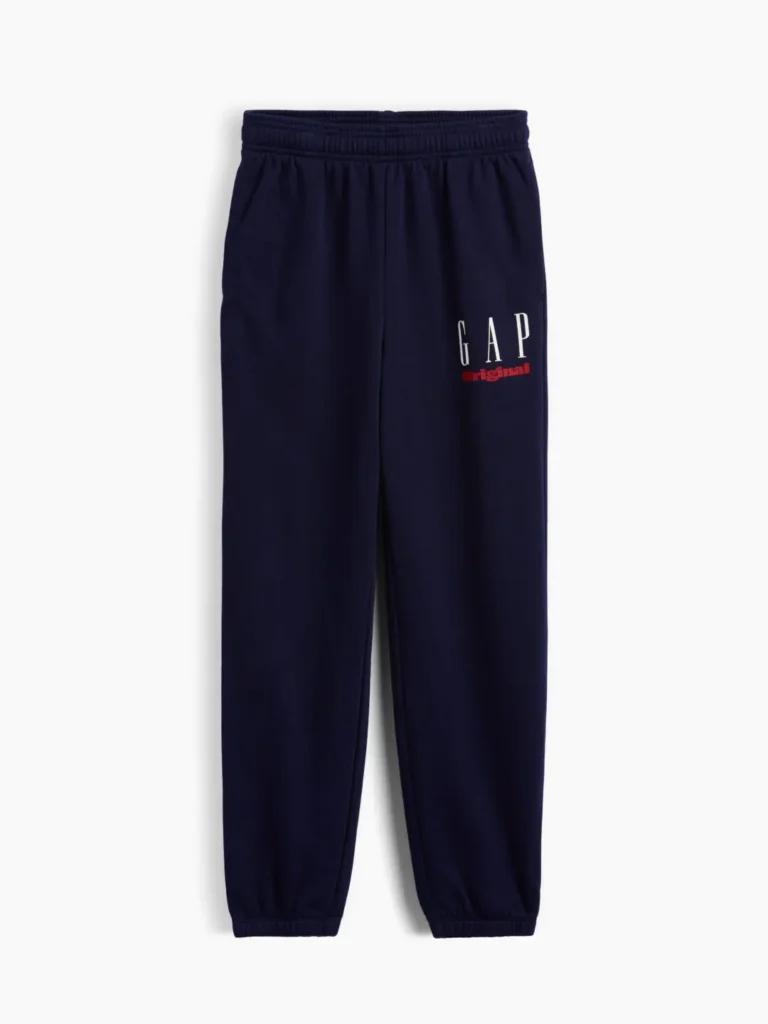 Navy GAP Original jogger sweatpants with an elastic waistband, cuffed hems, side pockets, and a white-and-red logo on the upper left leg