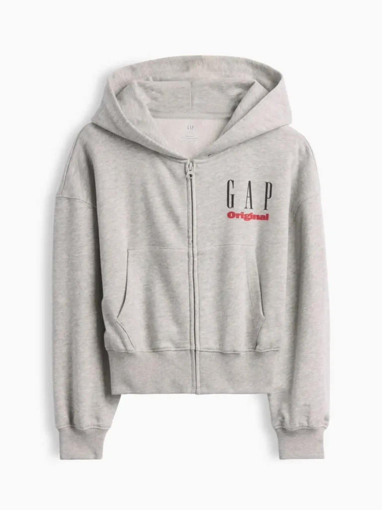 Light gray cropped GAP Original zip-up hoodie with a relaxed fit, drawstring hood, kangaroo pockets, ribbed trim, and a black-and-pink logo on the left chest