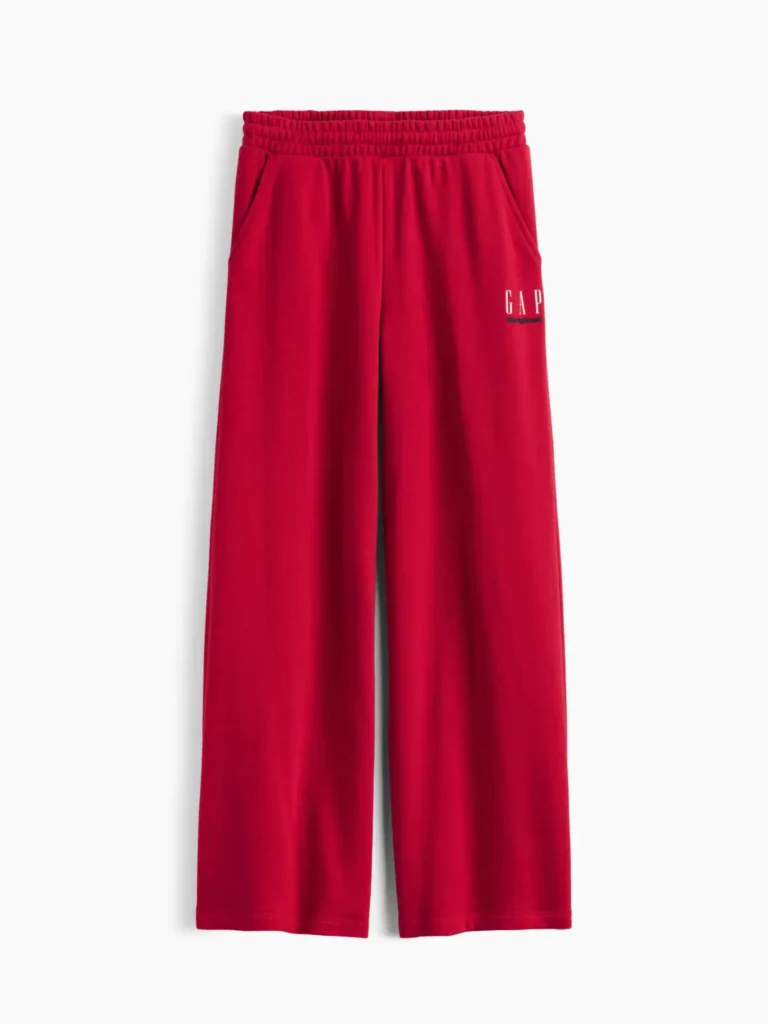 Bright red GAP Original wide-leg sweatpants with an elastic waistband, side pockets, straight hems, and a small white-and-navy logo on the upper left leg
