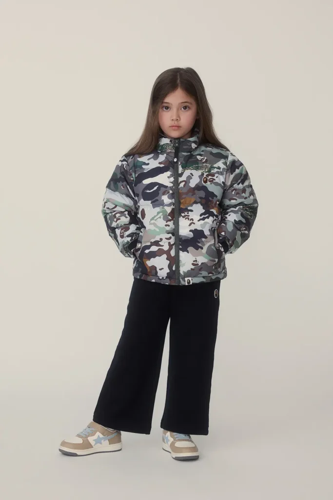 Child wear a camouflage puffer jacket, black wide-leg pants, and beige sneaker in a clean studio fashion portrait