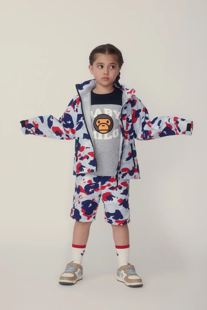 hild modeling a red, white, and blue camouflage jacket with matching shorts over a gray Baby Milo graphic sweatshirt, white socks, and beige sneaker