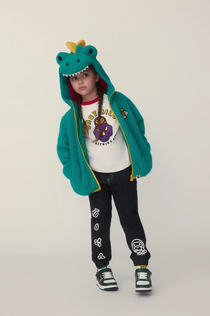 Child wear a teal dinosaur fleece hoodie with play character hood, white Baby Milo graphic T-shirt, black joggers, and green-and-white sneaker