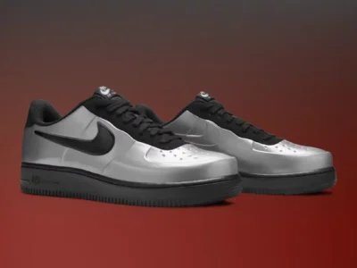 Three-quarter view of a pair of metallic silver Nike Air Force 1 Low shoe with black Swooshes, black laces, and black sole