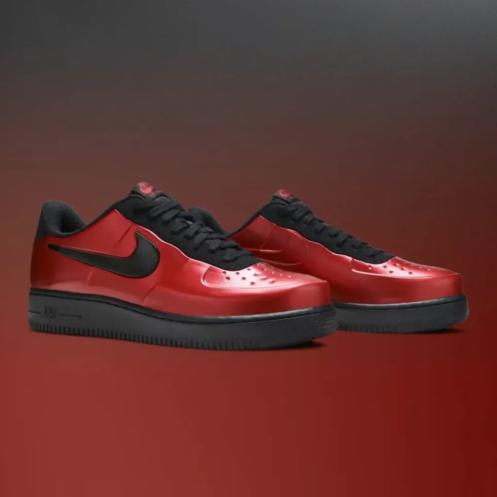 Three-quarter view of a pair of metallic red Nike Air Force 1 Low sneakers with black Swooshes, black laces, and black sole
