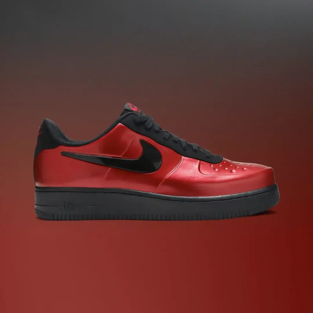 Lateral side profile of a metallic red Nike Air Force 1 Low featuring a black Swoosh, black laces, and a black rubber sole.