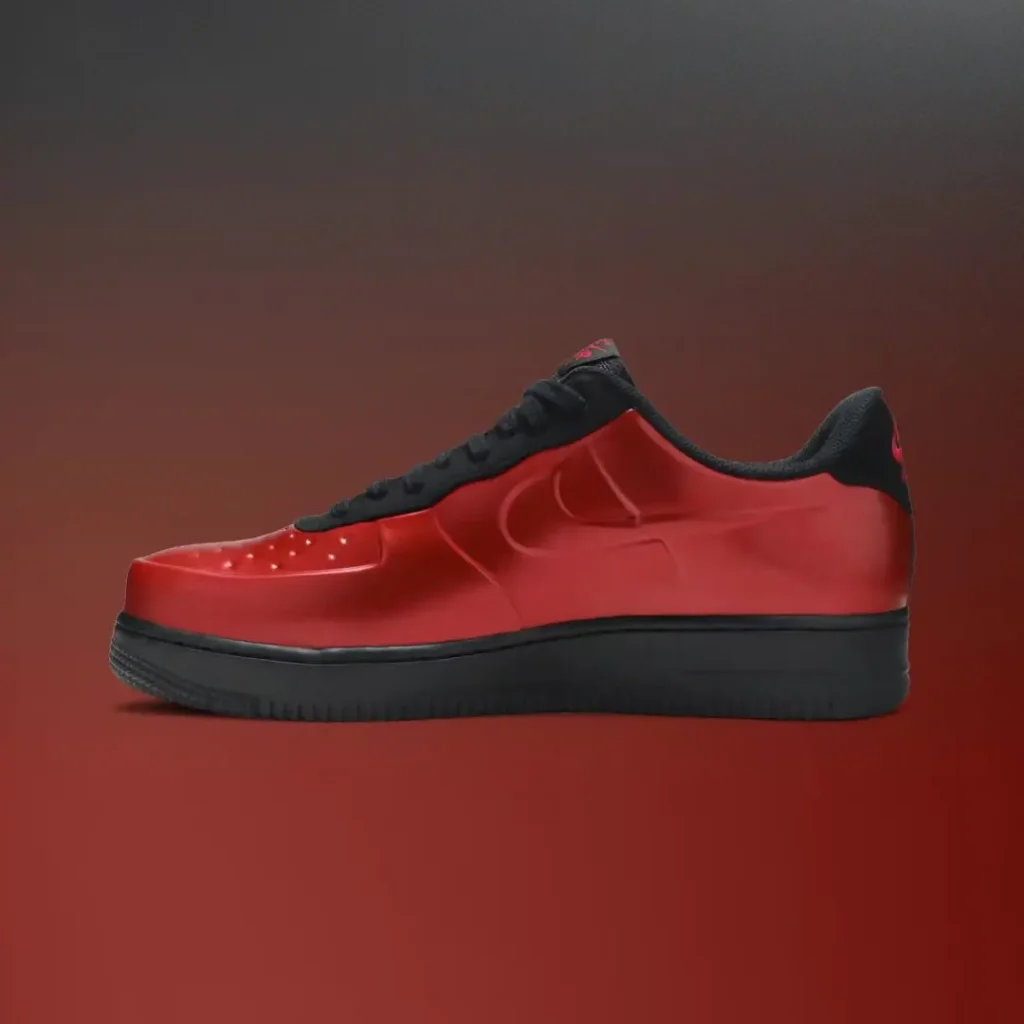 Medial side profile of a metallic red Nike Air Force 1 Low with a black sole and black collar against a red gradient background