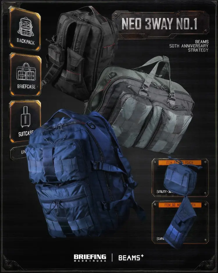 Promotional graphic for the BRIEFING × BEAMS+ NEO 3WAY NO.1 convertible bag, showcasing backpack, briefcase, and suitcase configurations alongside matching utility pouches.
