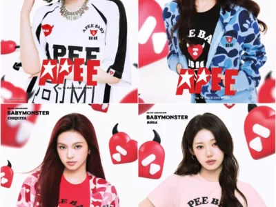 Promotional collage featuring four BABYMONSTER members—Asa, Pharita, Chiquita, and Rora—modeling A BATHING APE's APEE collection. Each wears coordinated streetwear in white, blue, pink, or red with custom graphic tees, hoodies, and accessories, posed against a white backdrop filled with floating red heart-shaped devil icon