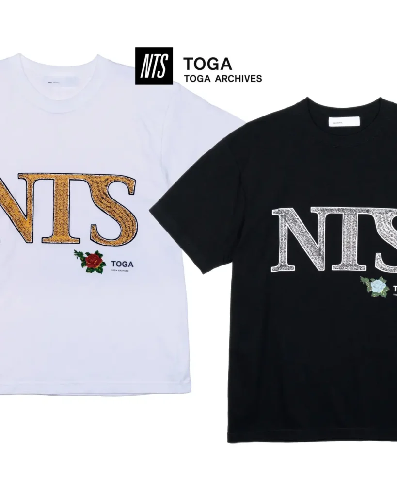 White and black Tee featuring oversized distressed NTS lettering with floral graphics and TOGA brand