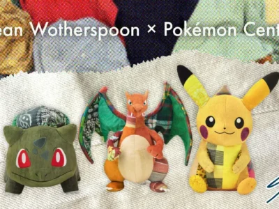 Promotional banner for the Sean Wotherspoon × Pokémon Center collaboration featuring patchwork-inspired Bulbasaur, Charizard, and Pikachu plush toys arranged against a textured denim backdrop, with the collaboration title displayed across the top and Wotherspoon's signature in the corner