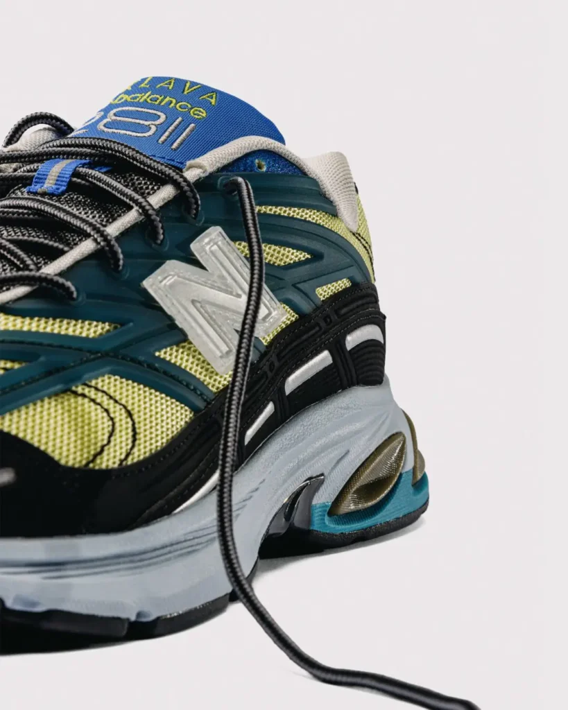 Detailed side profile of the New Balance x Baklava 281, emphasizing the translucent N logo, teal structural overlays, rope laces, and sculpted heel cushion