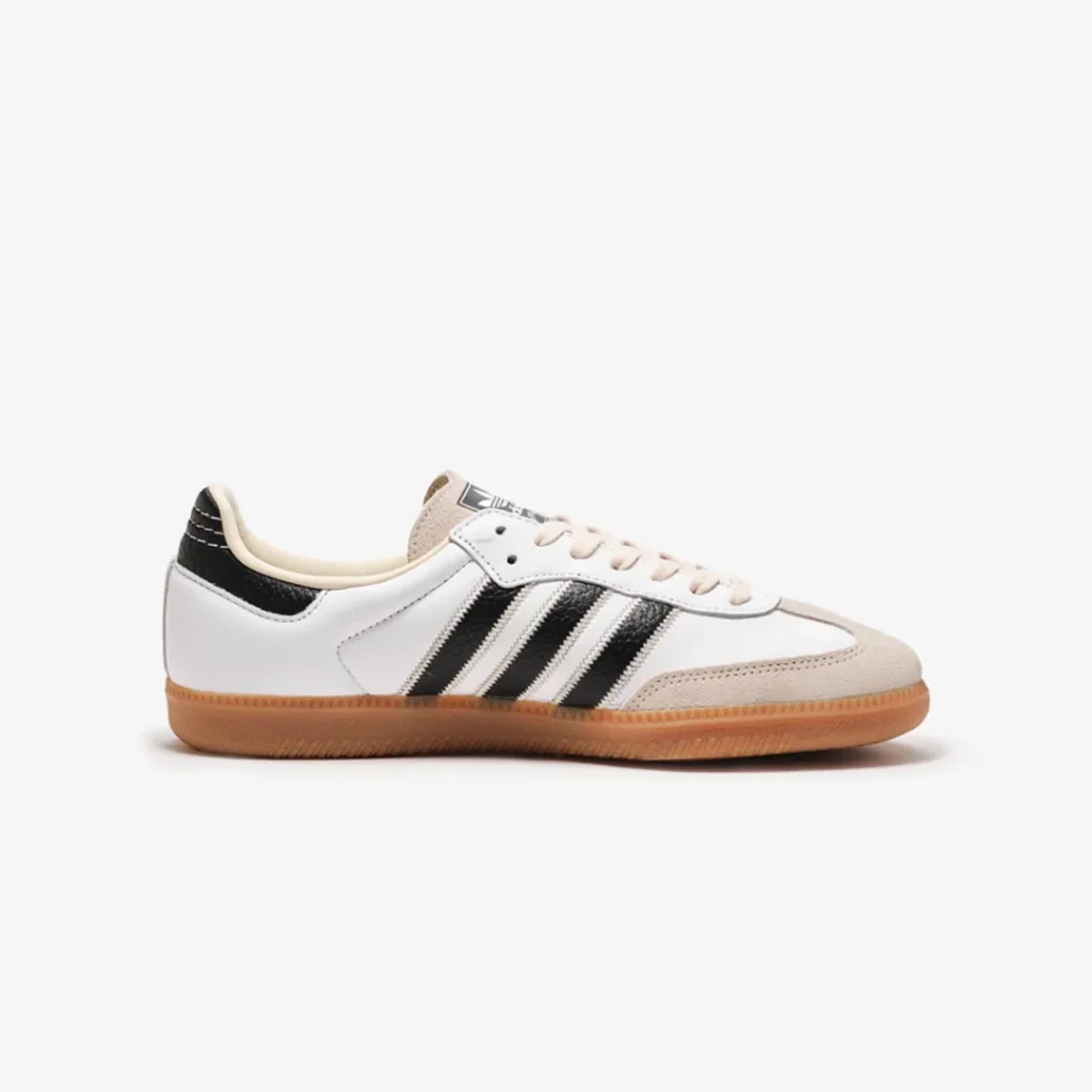 Opposite side profile of the white adidas Samba showcasing clean leather construction and vintage-inspired gum outsole