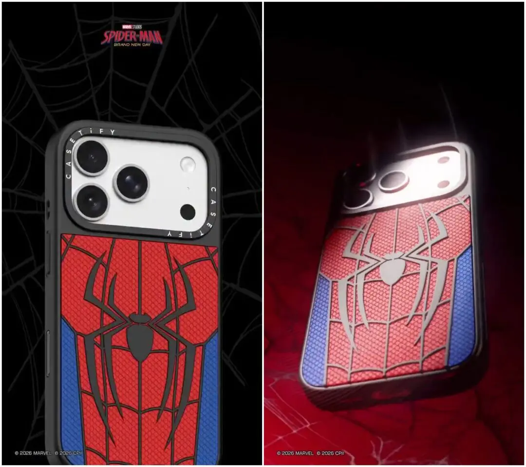 CASETiFY Spider-Man: Brand New Day iPhone case featuring a raised black spider emblem over a textured red web pattern with blue side panels, shown alongside a dramatic promotional render highlighting the reflective metallic spider logo and rugged protective design.