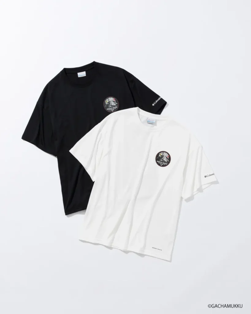 Black and white Columbia Tee featuring a circular Mount Hood-inspired chest logo, presented in a minimalist studio flat lay